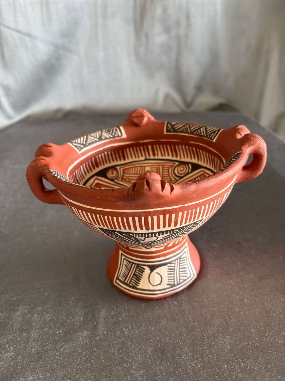 Hand-Painted Terracotta Decorative Pedestal Bowl in Terracotta Red